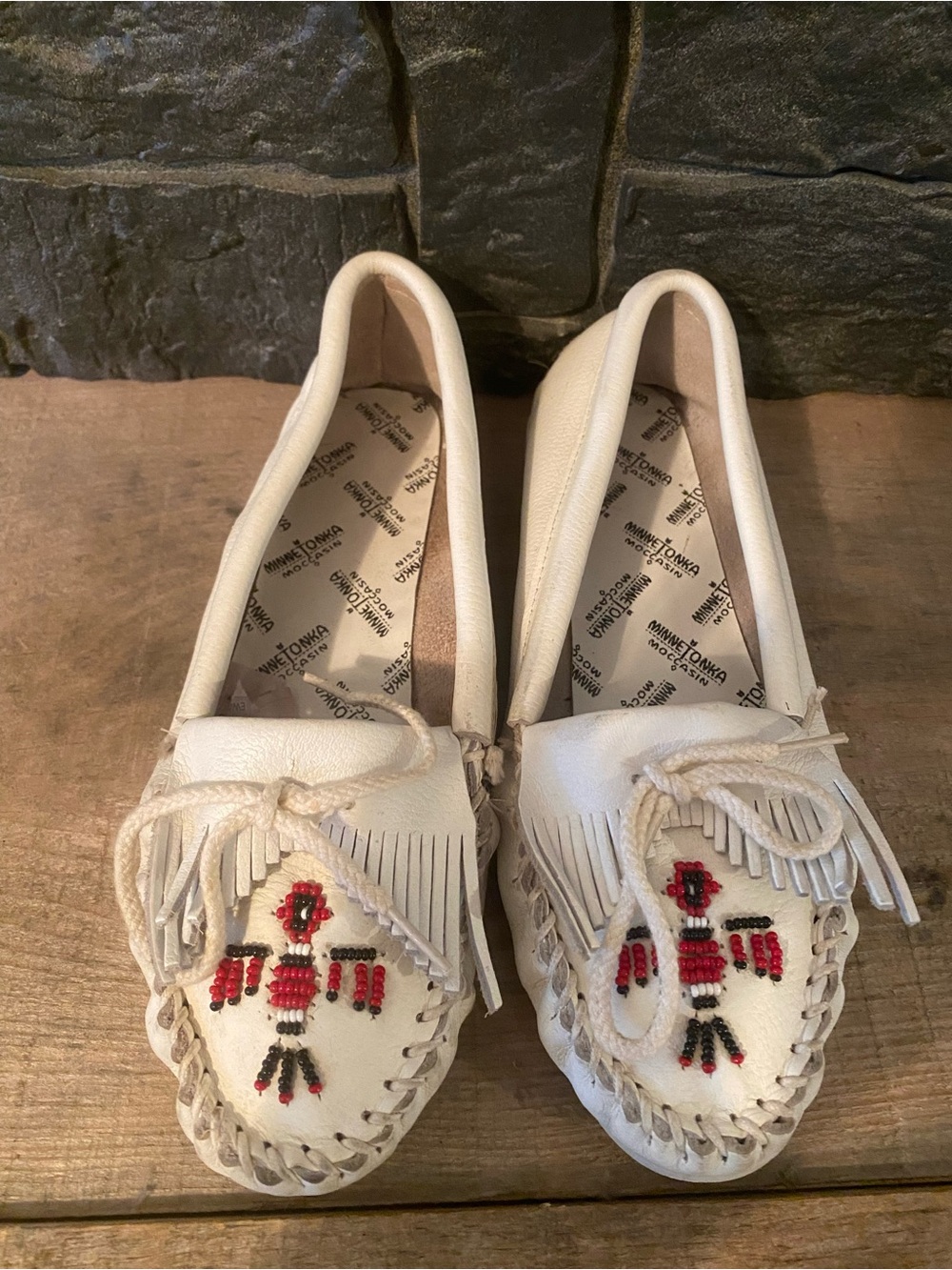 Minnetonka White Beaded Fringe Moccasins with Red & Black Accents